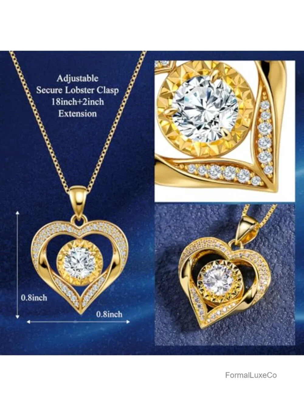 14k Gold Plated Heart Moissanite Pendant Necklace for Women 1 Carat Anniversary